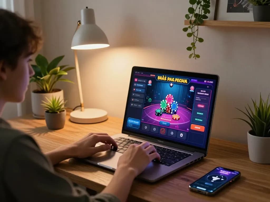Engaging gameplay of game bài on a laptop, showcasing an immersive online casino experience in a cozy home office.
