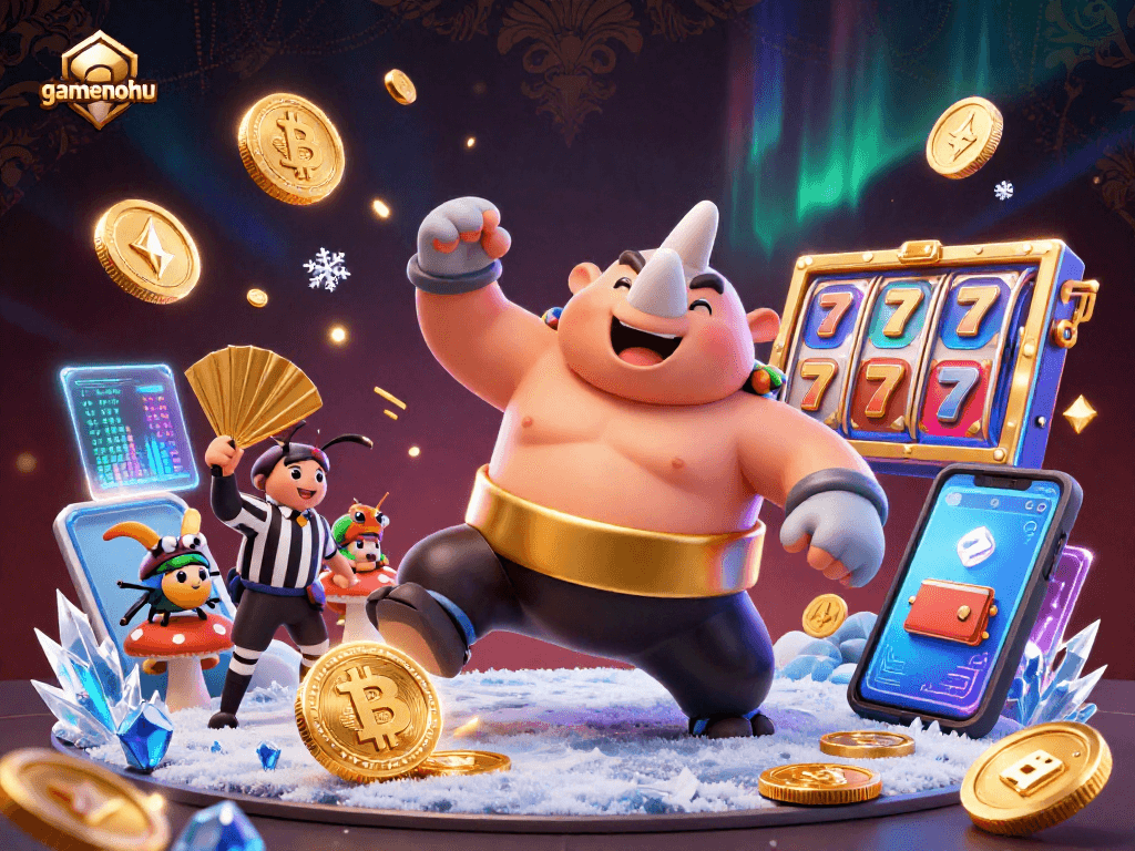 Experience gamenohu action with a thrilling slot scene featuring dynamic characters, cryptocurrencies, and high-energy visuals.