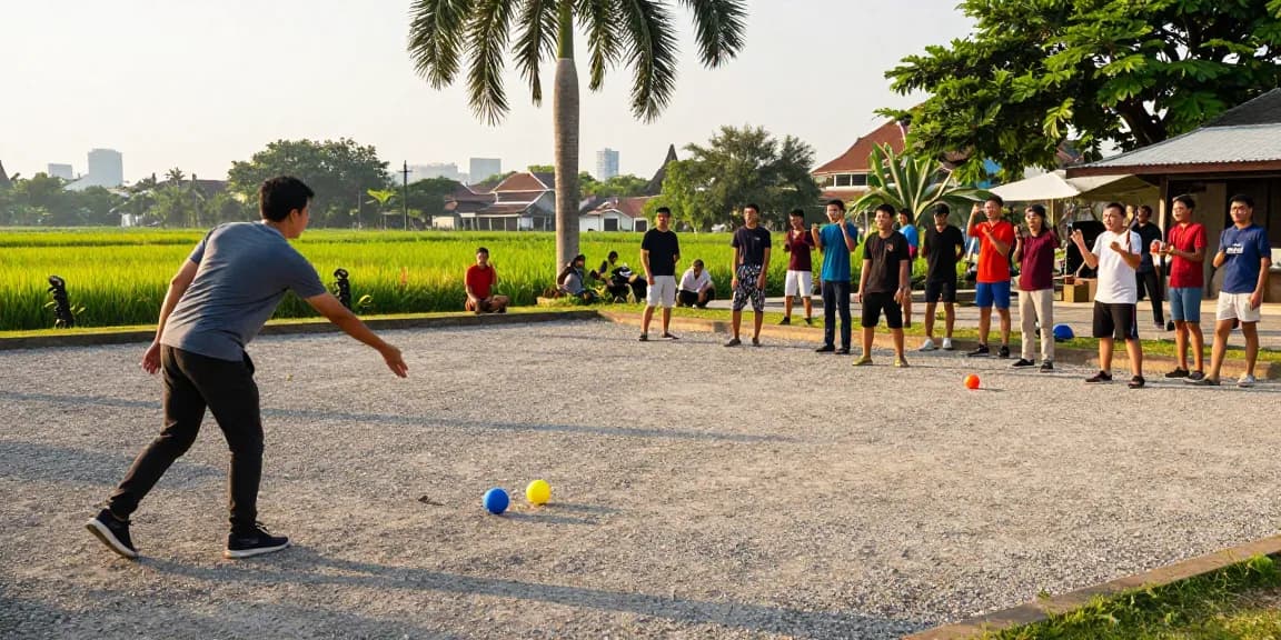 Petanque enthusiasts at fopikotaparepare.org enjoying a lively game in Kota Parepare during golden hour.