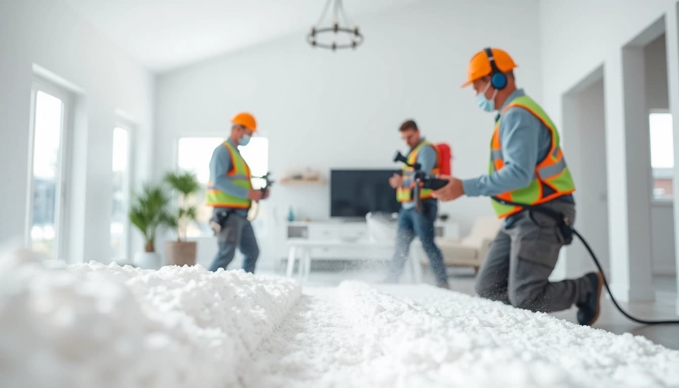 Technicians conducting professional spray foam removal in a modern interior with safety equipment.