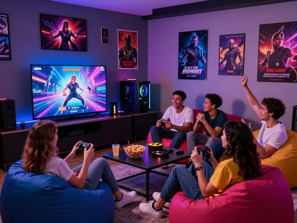 Group of friends enjoying a multiplayer porn game in vibrant gaming lounge