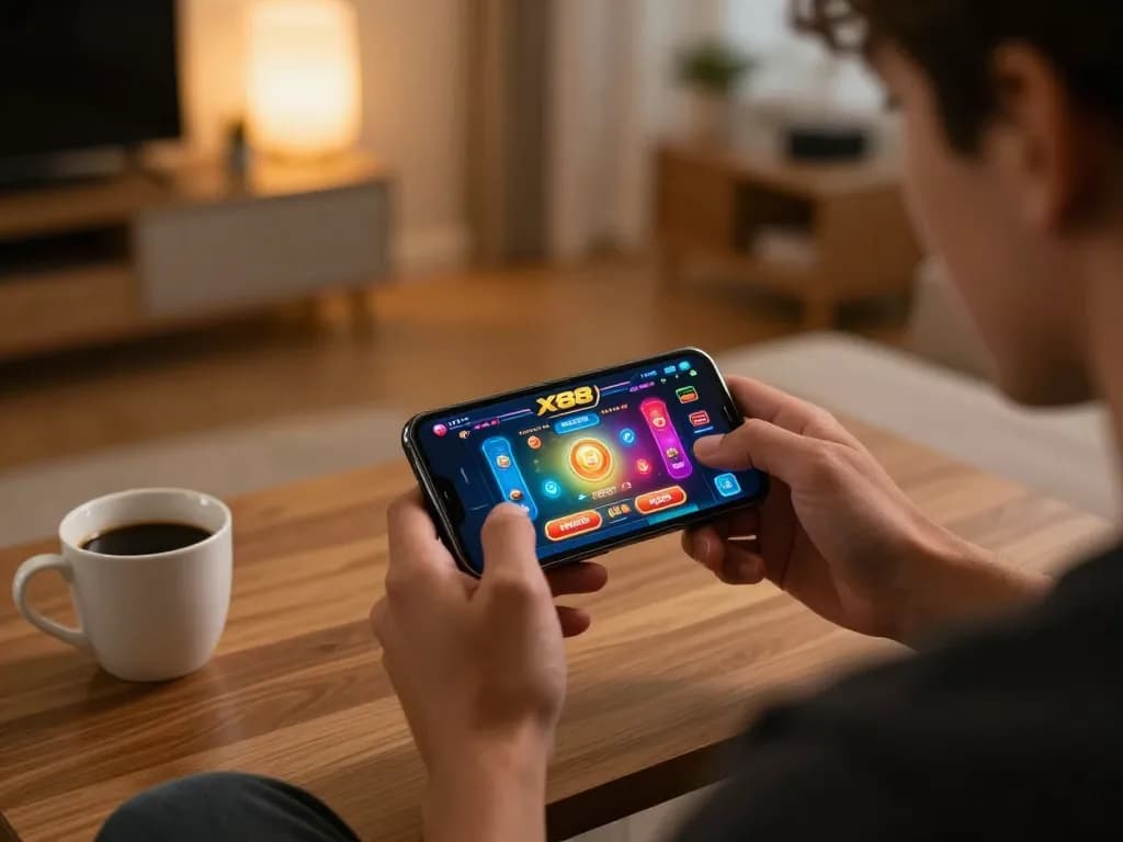 Engaging in fun gameplay on Link X88 app with smartphone in hand, showcasing vibrant casino graphics.