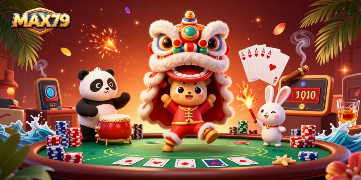 Join the excitement at MAX79 with vibrant characters celebrating in a 3D casino environment!
