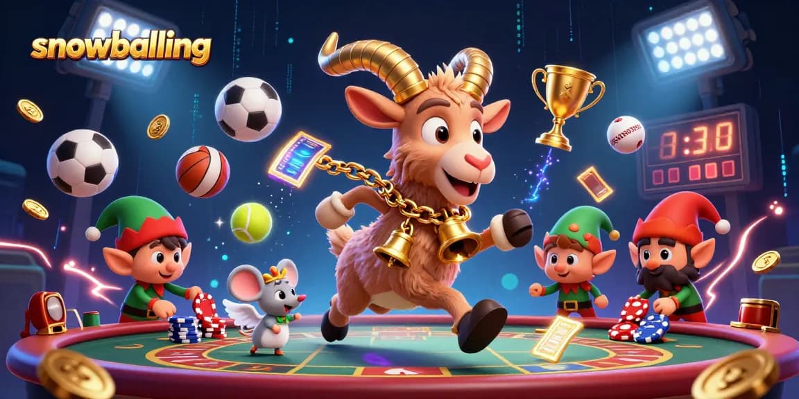 Snowballing action in a vibrant casino with Krampus, angel mouse, and mischievous gremlins.