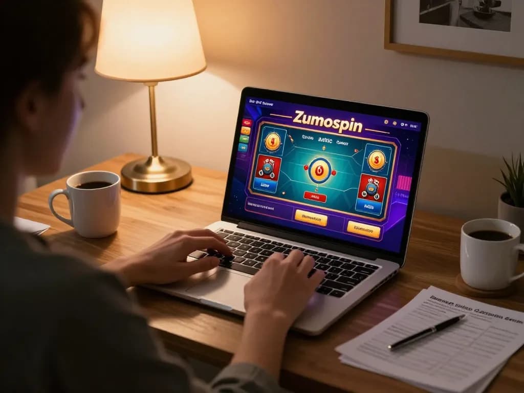 Player engaging in online gaming while exploring if zumospin is het legaal on their laptop with cozy ambiance.