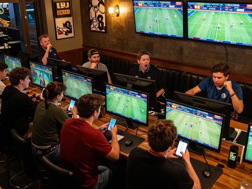 Sports fans placing bets on SHBET .COM while watching live games in a vibrant bar atmosphere.