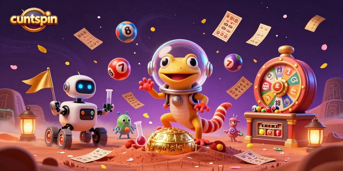 Cuntspin lottery scene with a Martian gecko discovering a golden casino, showcasing vibrant game elements.