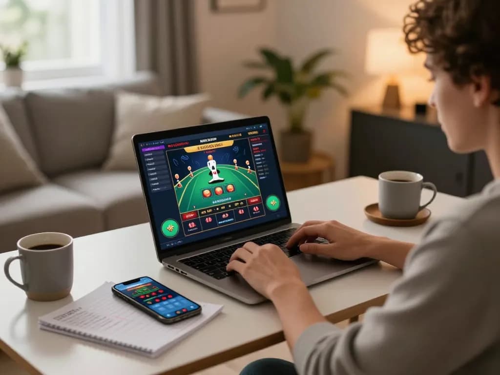 C168 player engaged in online casino gaming at home with laptop and betting app.