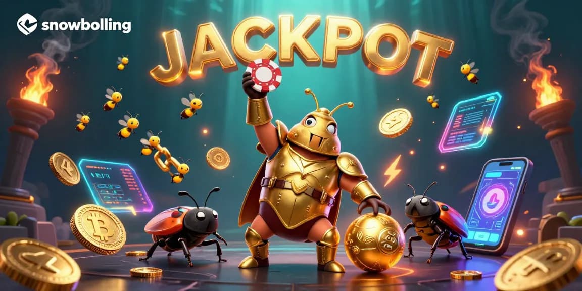 Engage in snowballing casino strategies with a victorious beetle character lifting a poker chip.