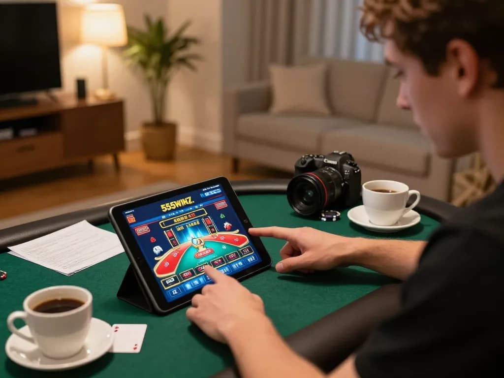 Engaged player using 555WINZ.NET casino app for poker gameplay in a cozy home setting