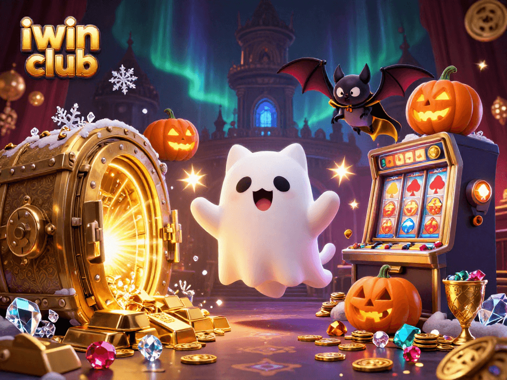 Experience the thrilling iwin club adventure with a playful ghost cat and glimmering treasures in a haunted casino.