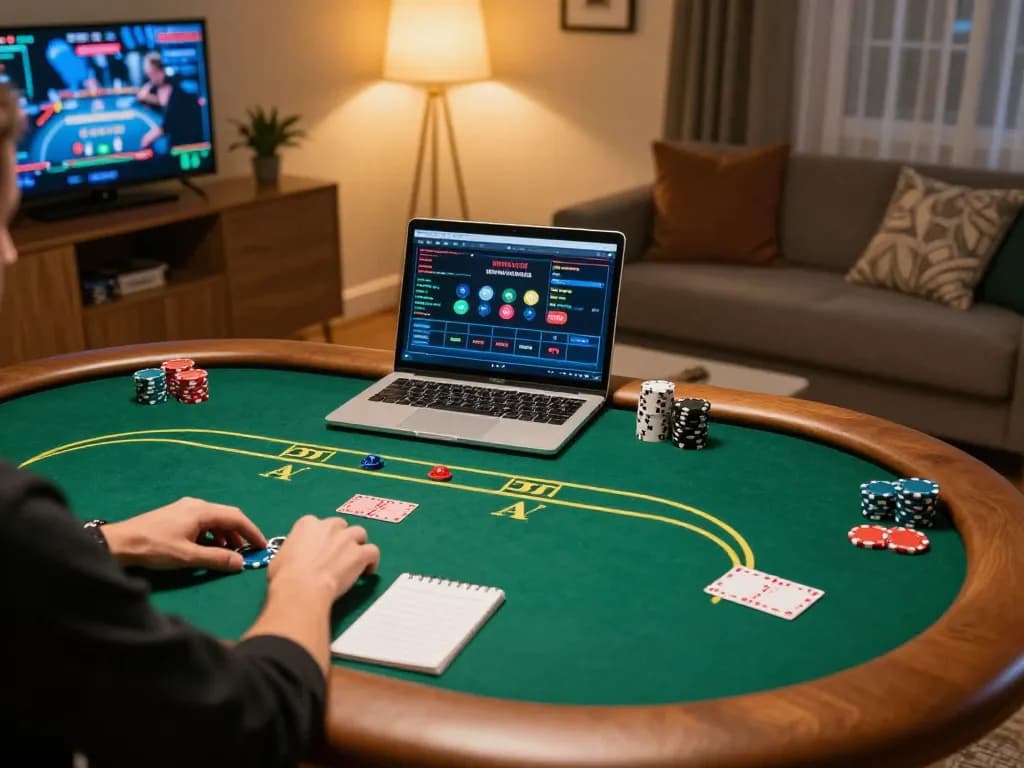 Player enjoying online poker at https://nk88.credit/ with strategic notes on table and cozy atmosphere
