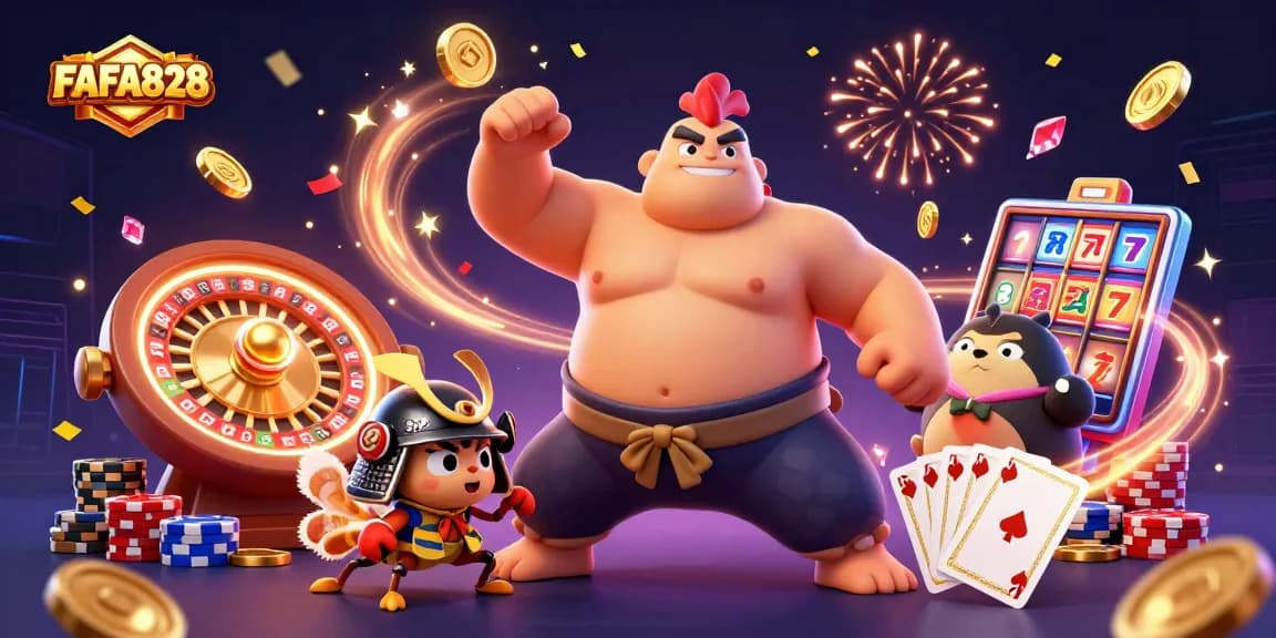 Engage with FAFA828's energetic gaming scene showcasing a colossal sumo rooster and samurai cricket.