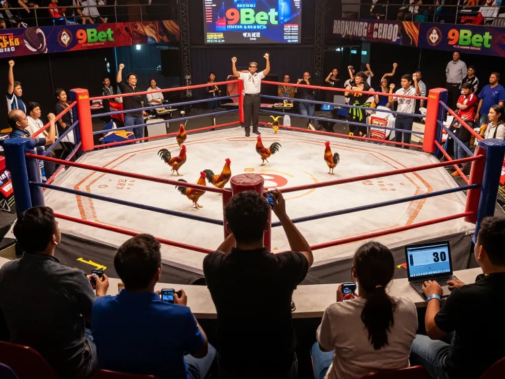 Engaging action at đá gà 9bet event with spectators and livestream displayed