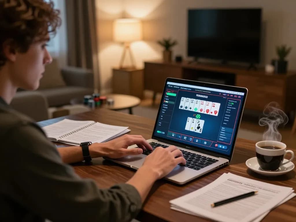 Engaging with tg88 poker online at home, emphasizing strategic gameplay and cozy atmosphere.