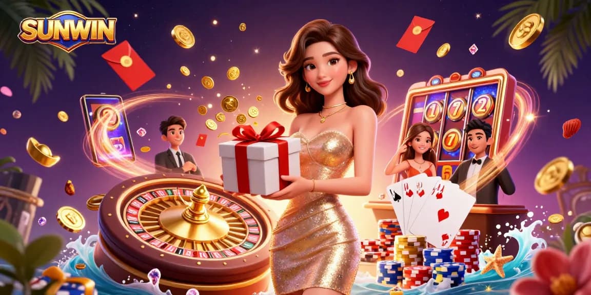 SUNWIN enhances the gaming experience with a festive Lunar New Year scene featuring a beautiful woman and casino elements.
