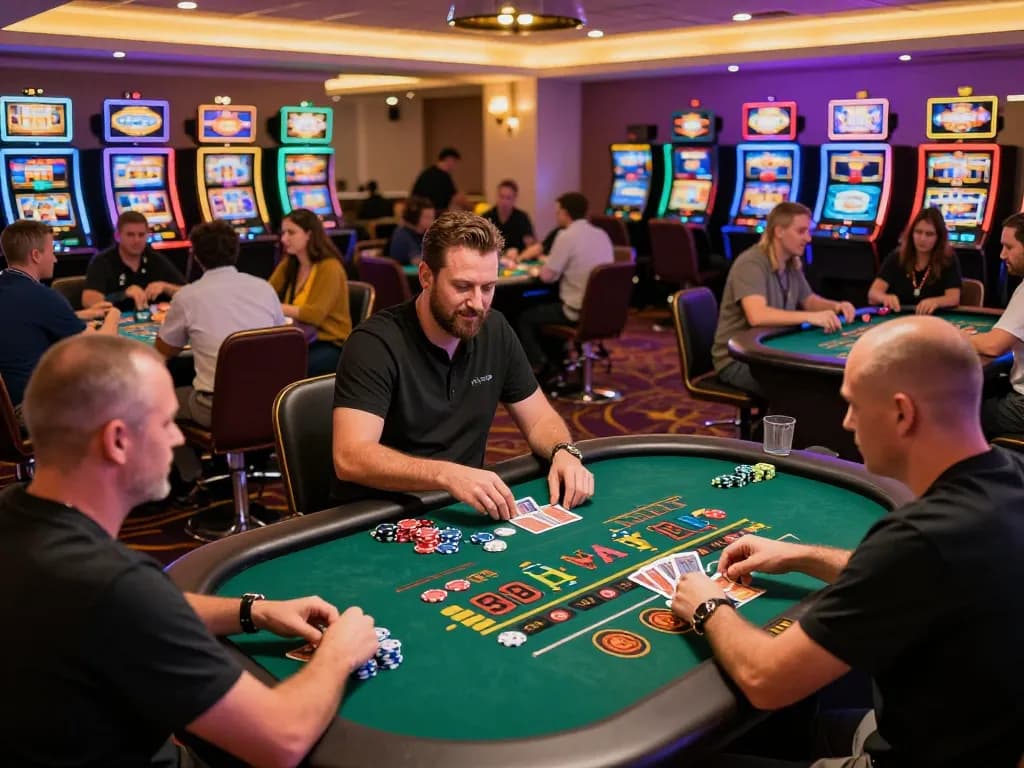 Engaged players at Ngonclub casino table during an exciting game night with colorful chips.