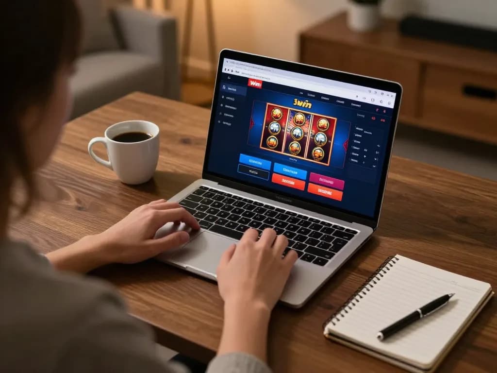 Engaging in strategic online gaming at 3win.com with a cozy home setup featuring laptop and notes