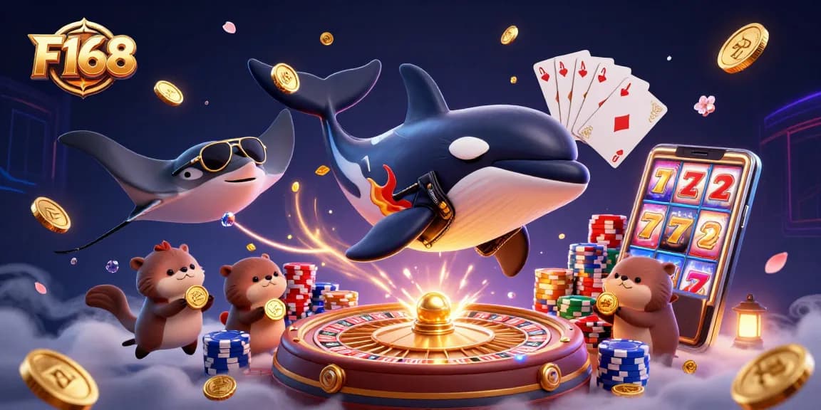 Spin the reels and win at F168 with a vibrant casino-themed cartoon illustration featuring sea creatures and golden coins.
