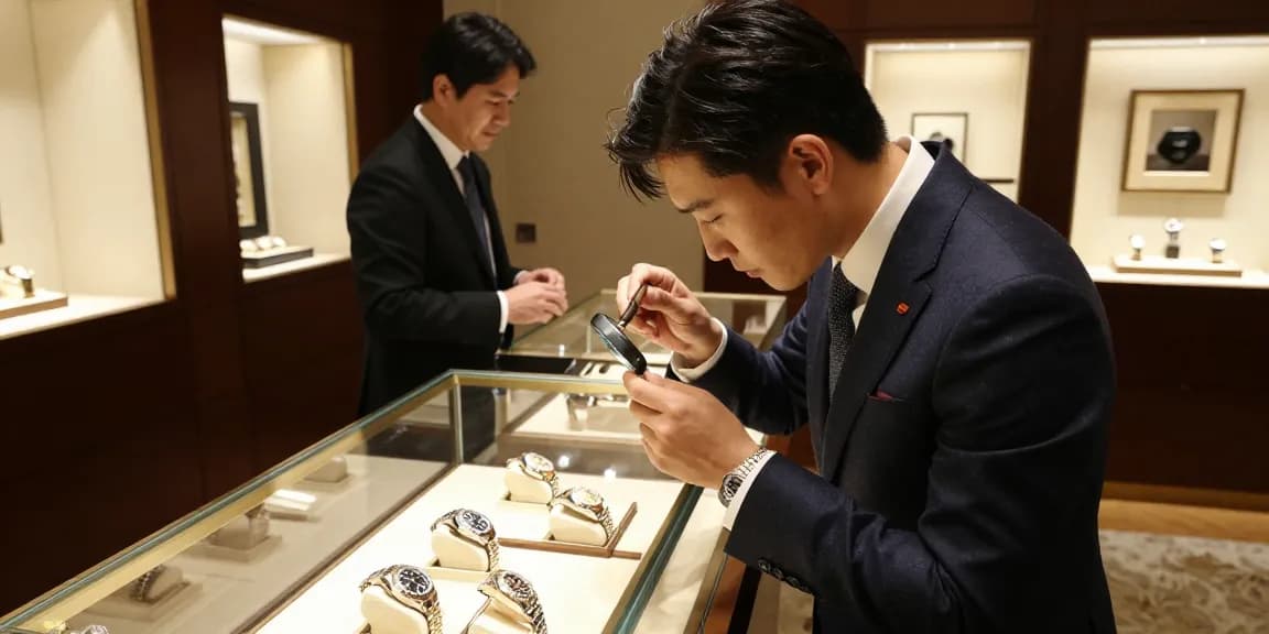 Examining a stylish Rolex replica in a luxury watch boutique with elegant decor and attentive service.