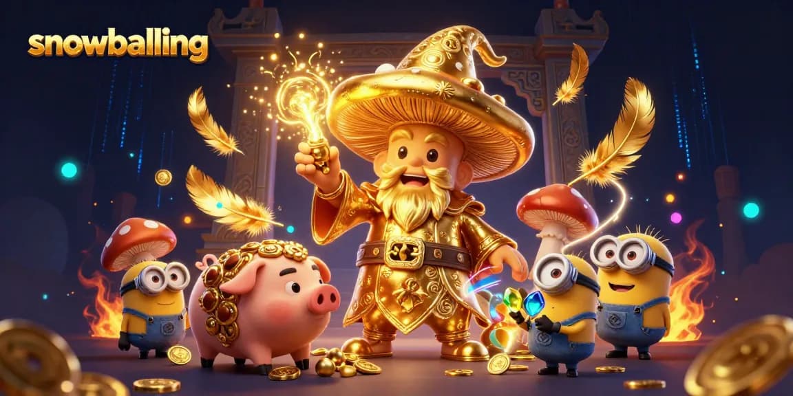 Revel in snowballing fun with our golden mushroom wizard casting riches in a vibrant casino scene.