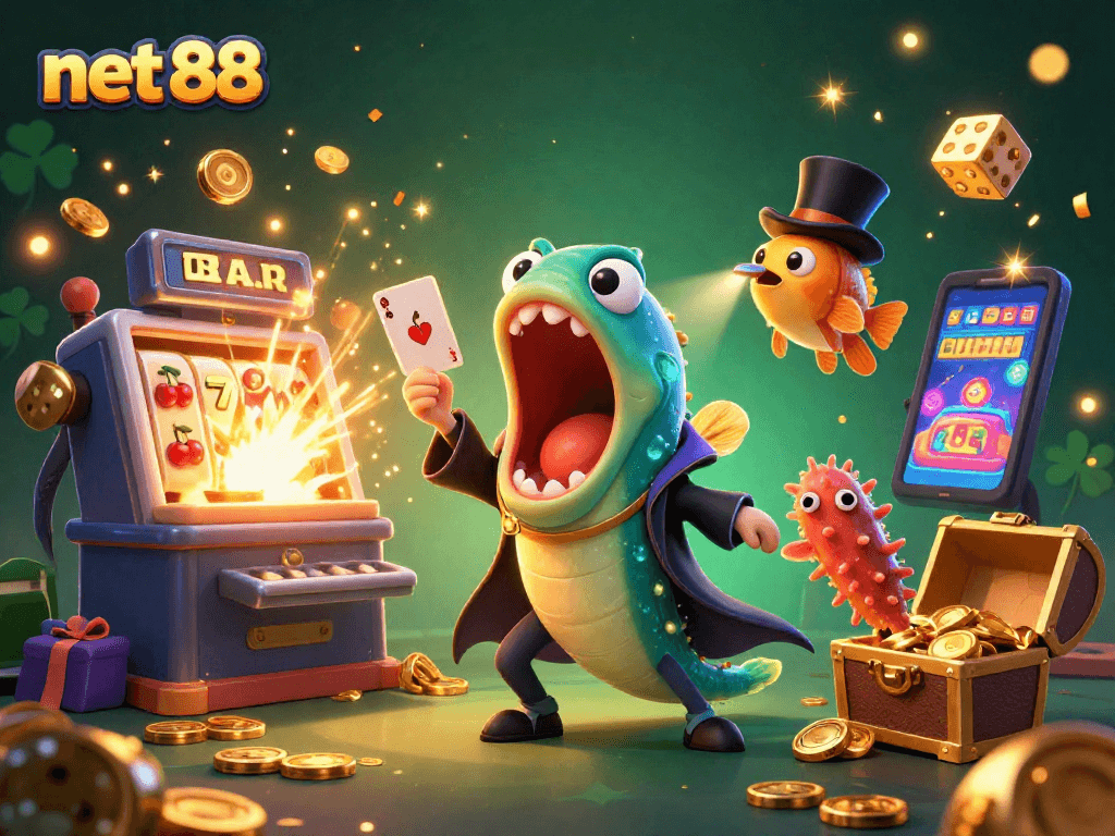 Engage in winning strategies with net 88 at an animated 3D casino scene showcasing vibrant characters and game elements.