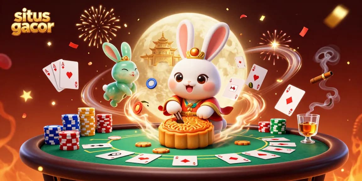Engage with situs gacor where a cartoon moon rabbit reveals poker chips, showcasing a vibrant casino scene.