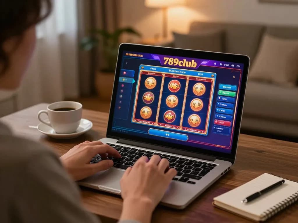 Playing vibrant 789club casino games on a laptop in a cozy home setting with a focus on strategic gaming