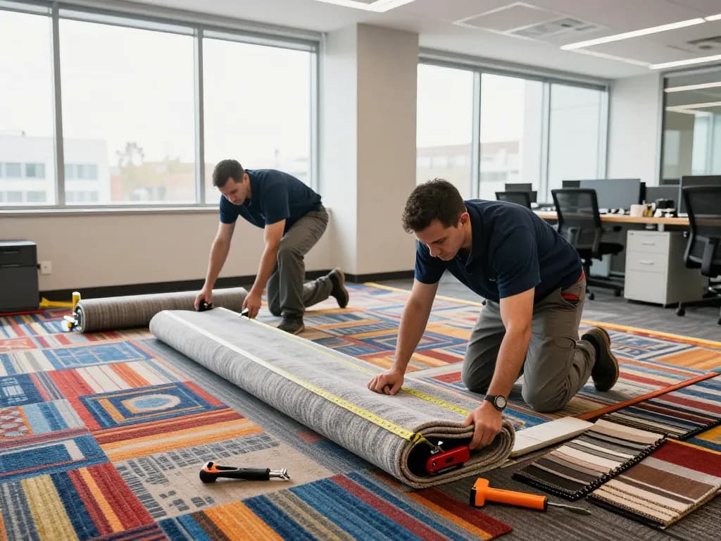 Team performing commercial carpet installation in a bright office, showcasing vibrant materials and professional teamwork.