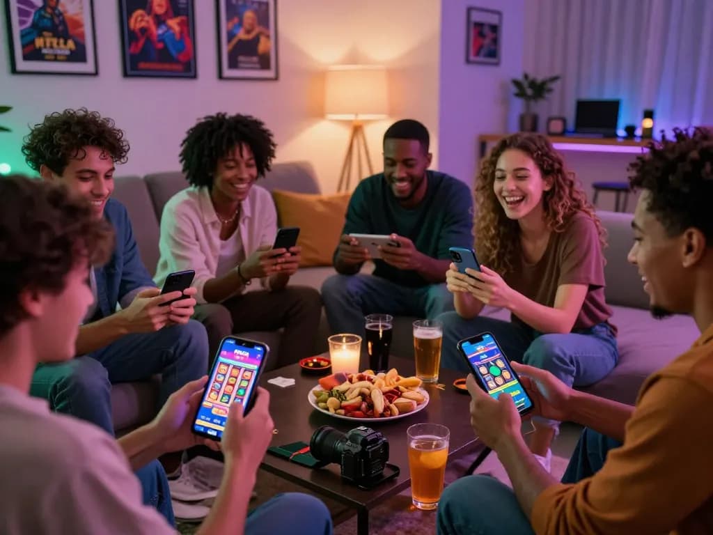 Players downloading and enjoying tải hitclub on mobile devices in a lively living room setting.