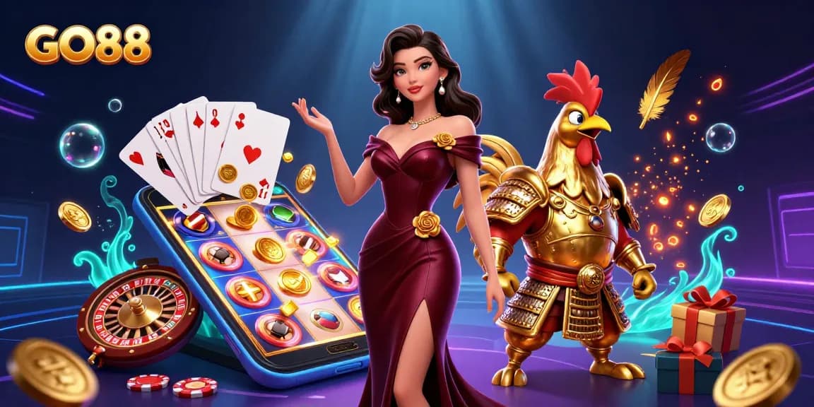 Win big with GO88's dynamic gaming scene, featuring vibrant characters and thrilling casino elements.