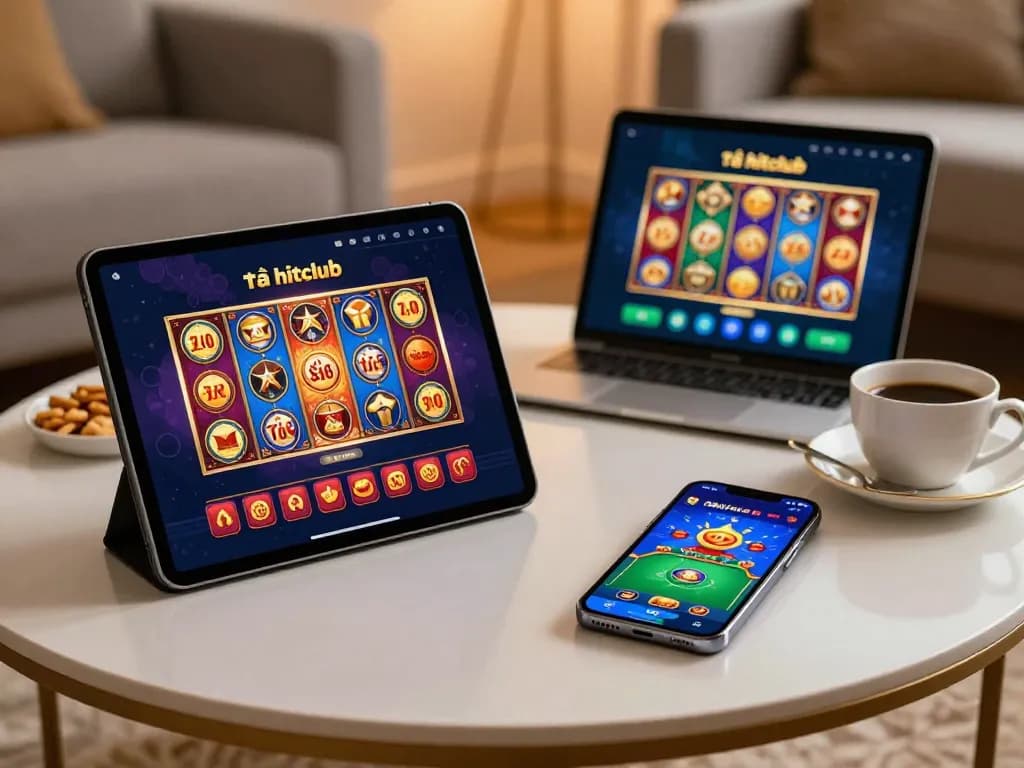 Engaging scene of tải hitclub app on devices, highlighting casual online gaming experience.