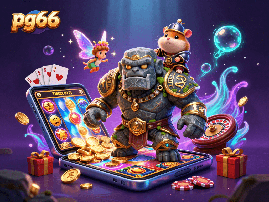Players engage with pg66's exciting slots while animated characters create a magical scene.