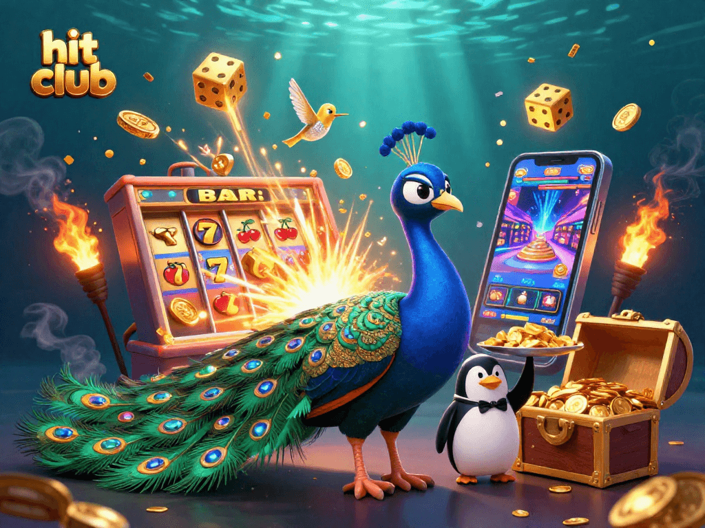 Hit club illustration featuring a colorful jackpot scene with gambling symbols, vibrant characters, and dynamic casino elements.