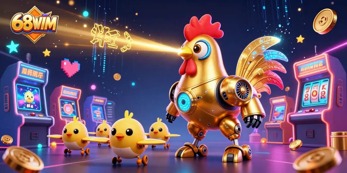 Engage with 68WIM's dynamic gaming universe featuring vibrant characters and casino elements.