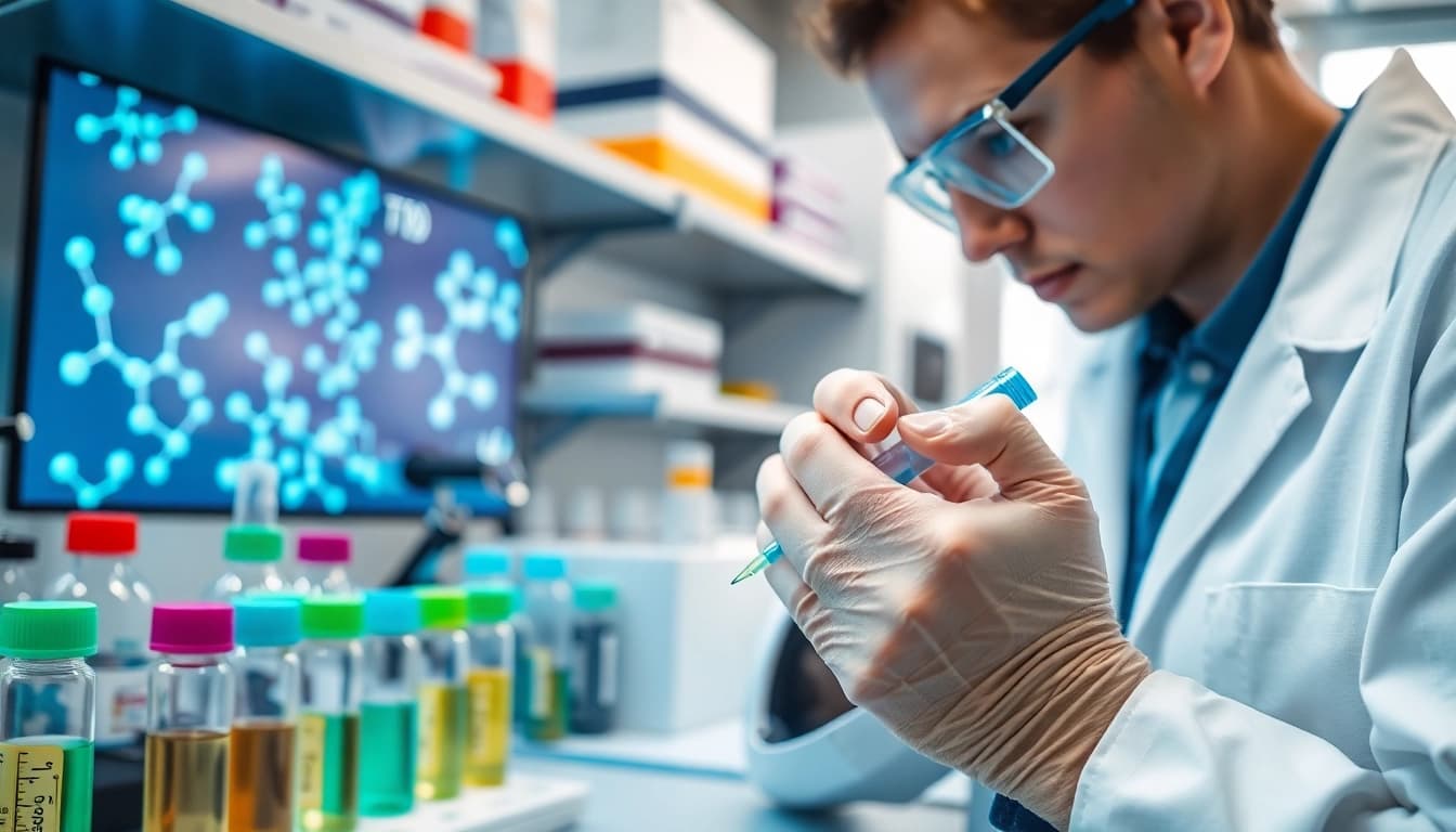 View of lab research into Peptides UK with a scientist manipulating vials and equipment.