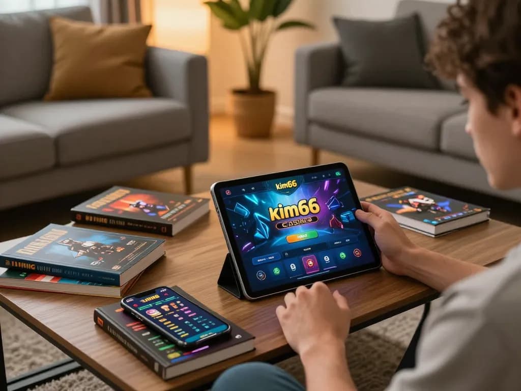 Player engaging with kim66 casino app in a cozy gaming setup at home, showcasing responsible gambling.