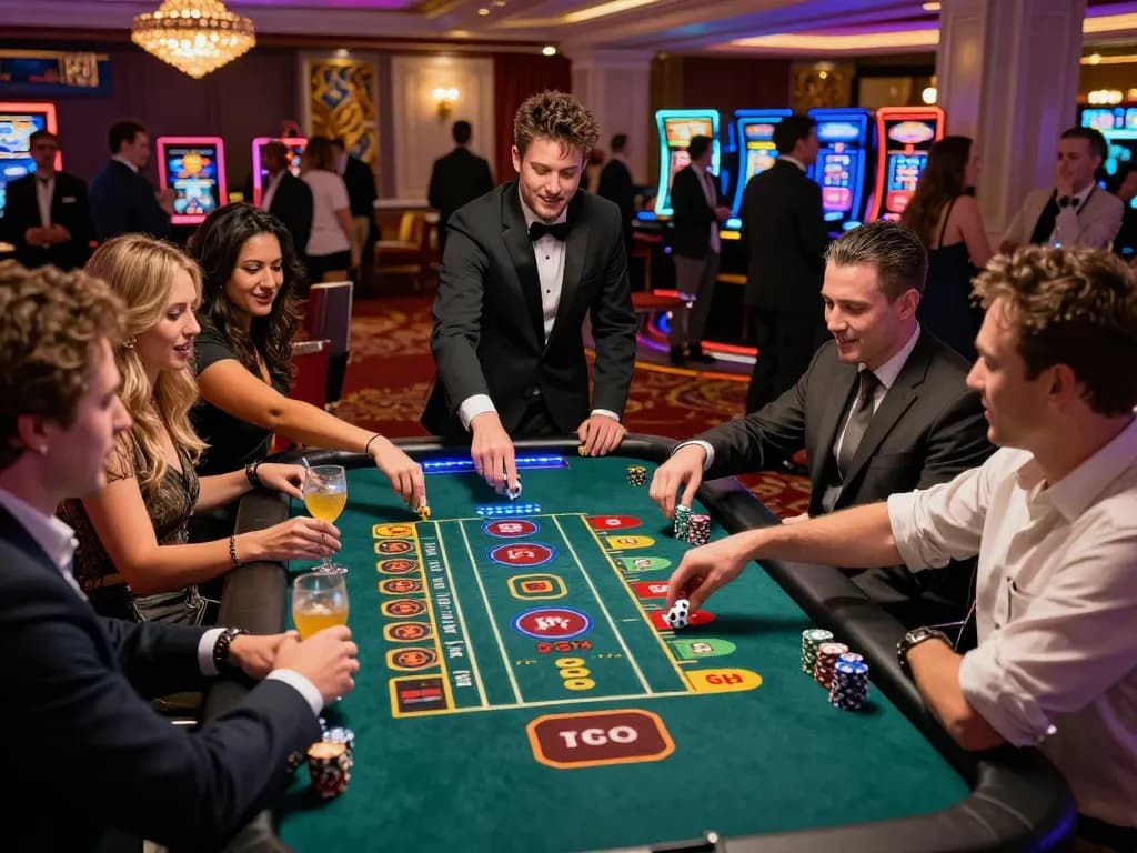 Exciting gaming event at a casino with friends celebrating, featuring https://gem88.com.mx/ in the vibrant atmosphere.
