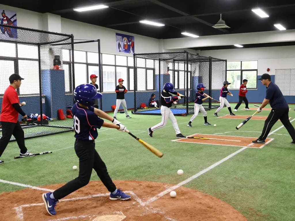 Hitclub baseball training scene with young players practicing in indoor cages