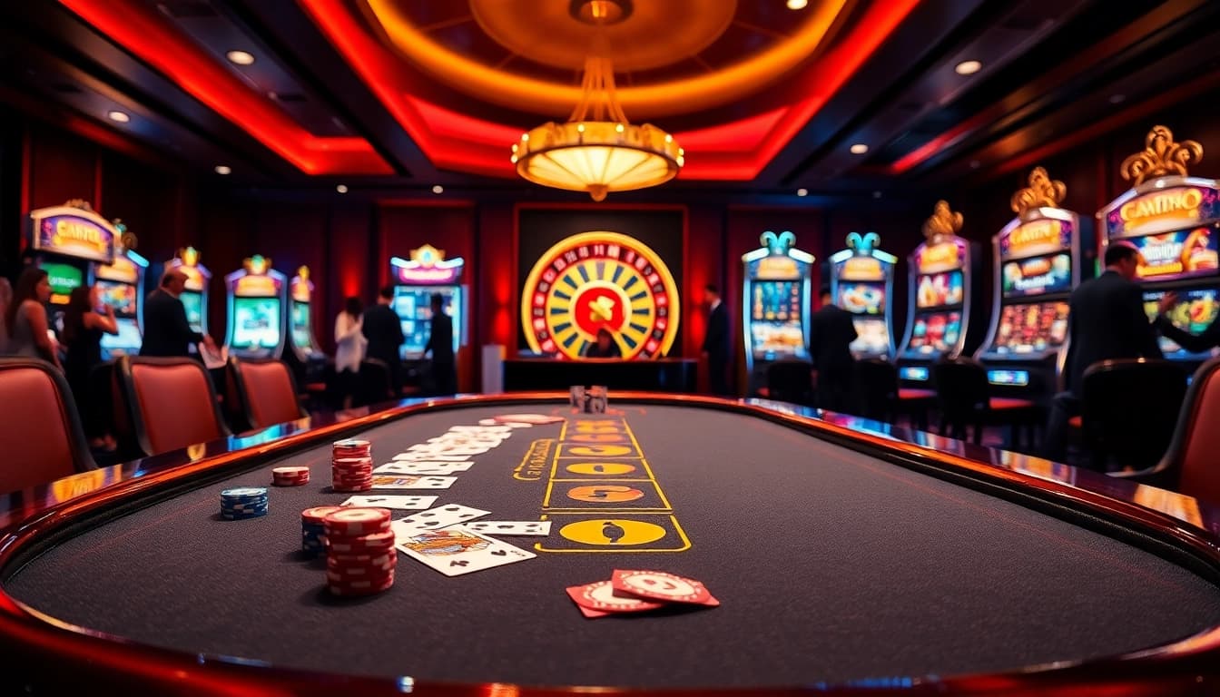 Experience the thrill of betting at Nhà cái 98win with an elegant casino scene featuring roulette and blackjack.