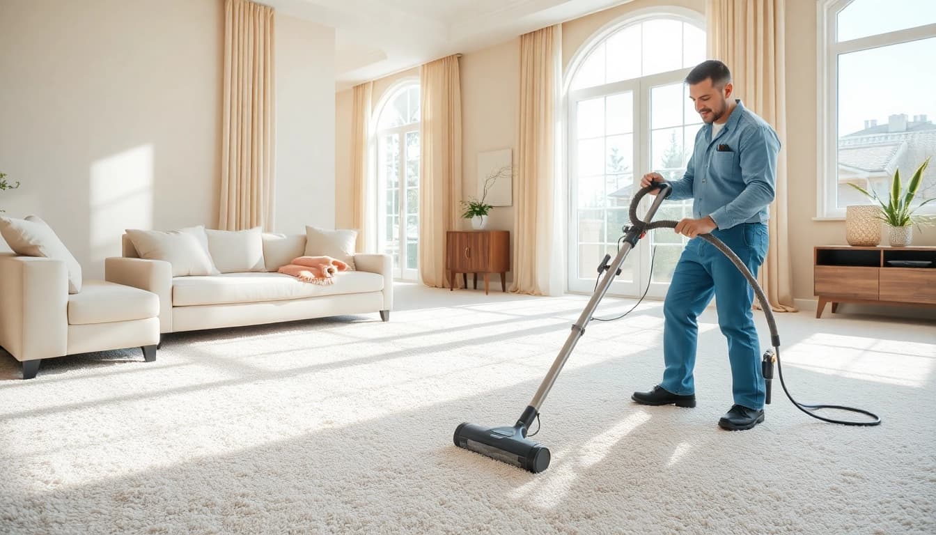 Professional carpet cleaning technician using equipment in a bright living room.