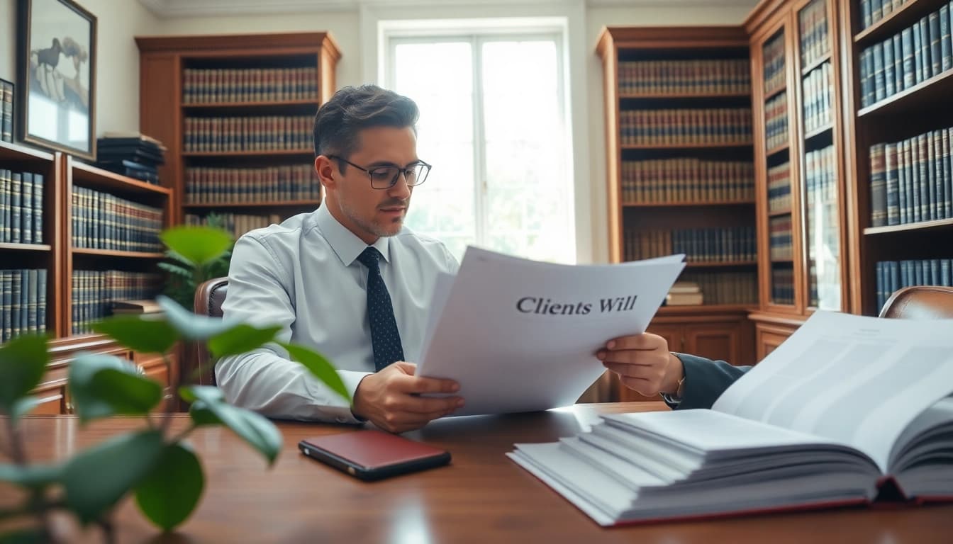 Lawyer reviewing Wills in a professional setting with legal documents and law books.