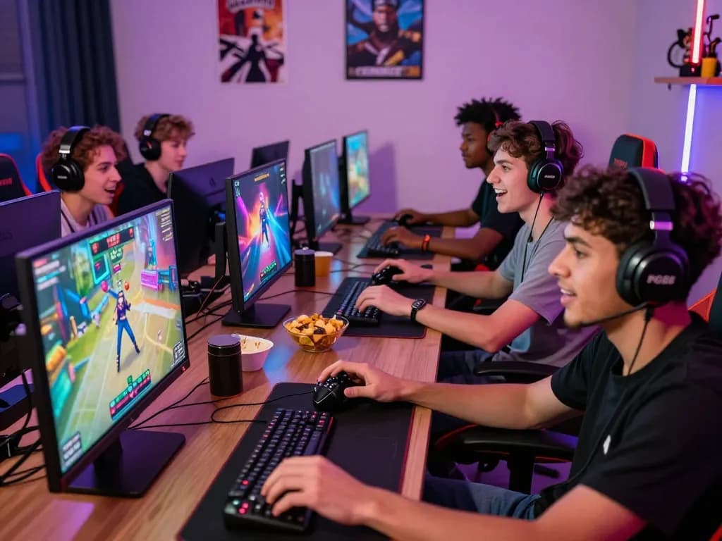 Friends enjoying an online gaming session with PG88 platform, showcasing excitement and camaraderie.