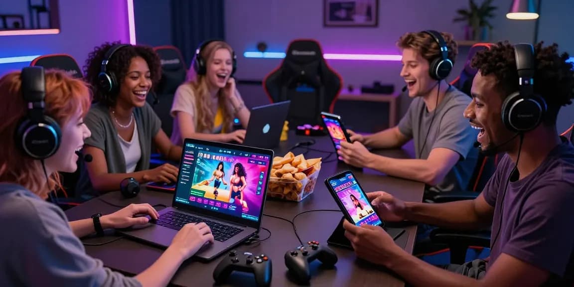 Gamers enjoying exciting porn games HTML on various devices in a cozy setting with colorful LED lights.