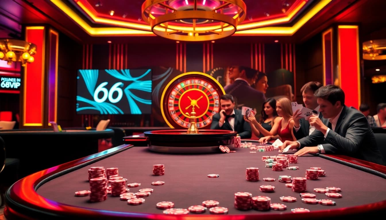 Experience thrilling gameplay at 68VIP's luxury casino with vibrant roulette and poker action.
