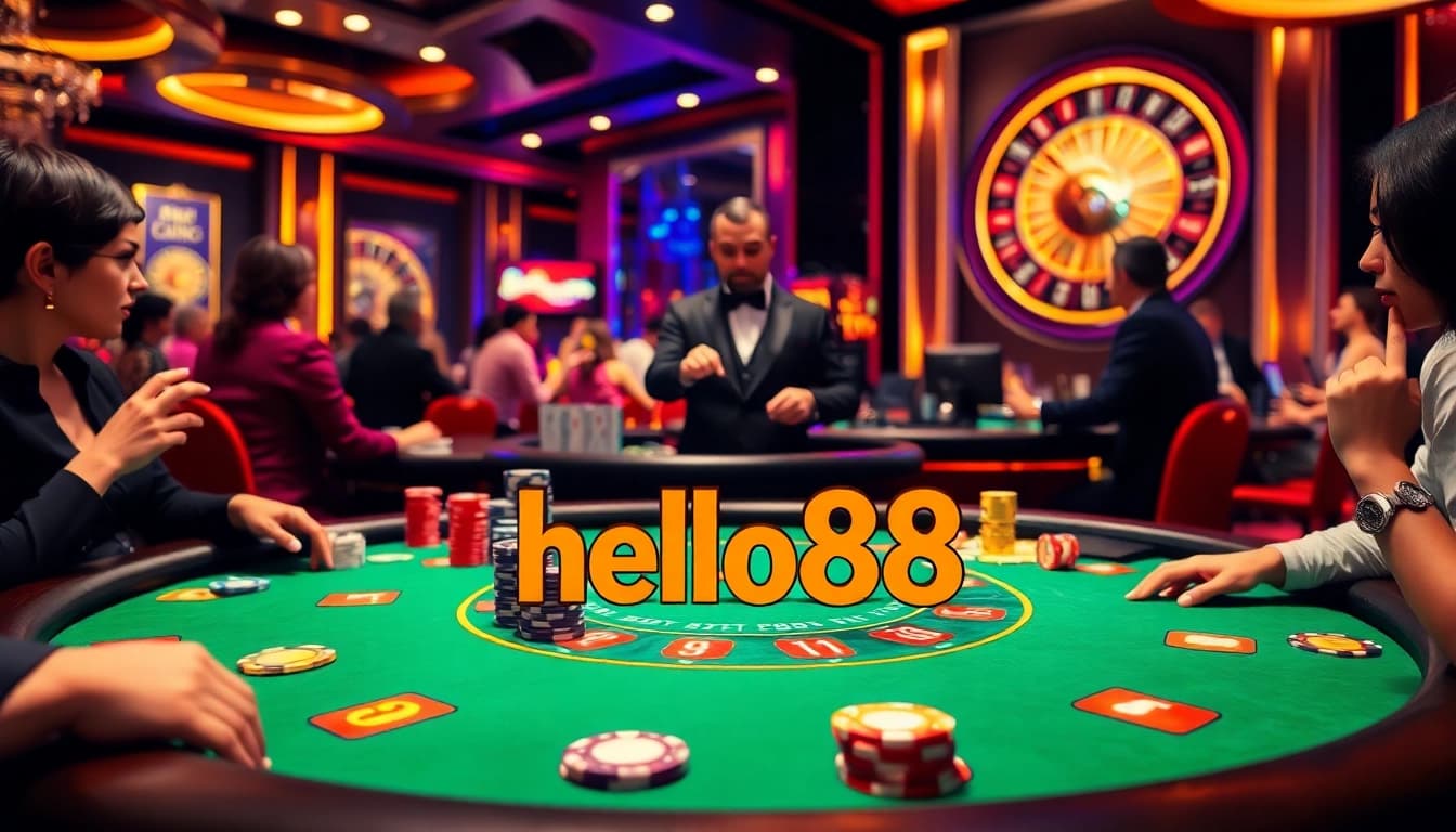 Hello88 casino scene with players at a blackjack table and vibrant poker chips.