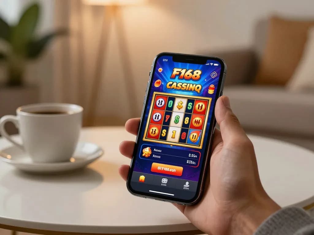 Engage in thrilling online gaming at https://f168.tech/ with a smartphone displaying exciting slot reels.