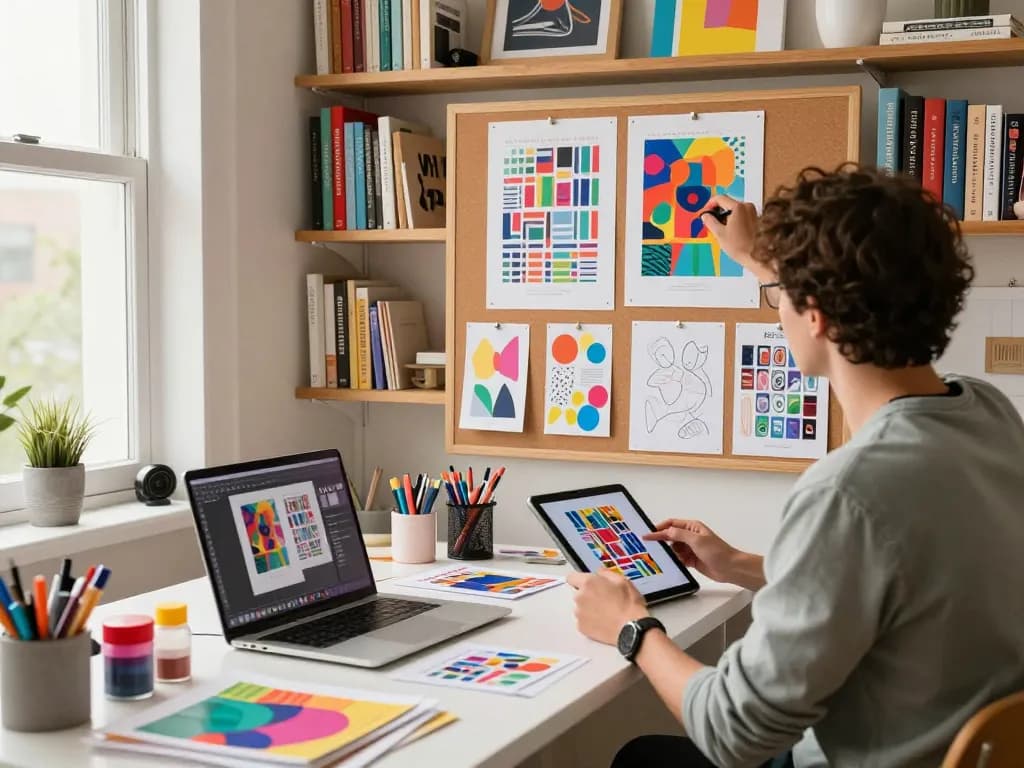 Designer finalizing poster printing designs in a creative workspace, surrounded by art supplies and vibrant prints.
