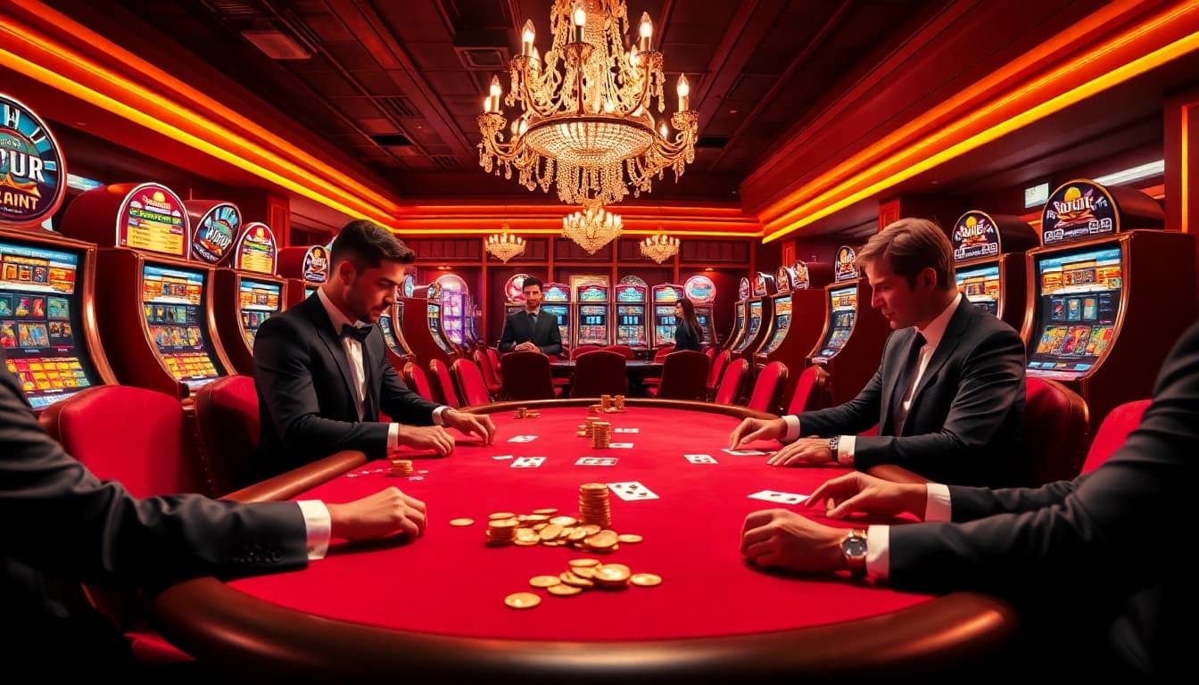 Excited players strategizing at the poker table inspired by https://mm66i.com/.