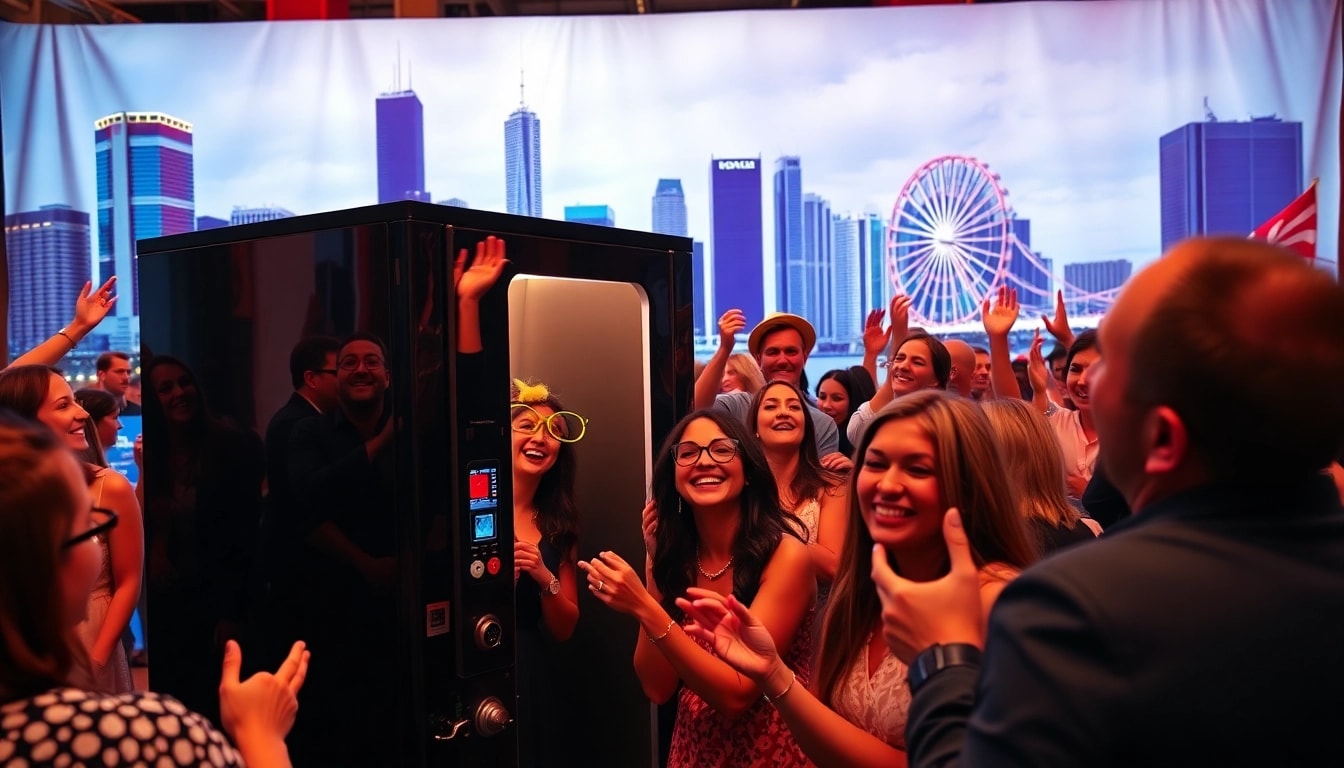 Enjoying a photo booth rental chicago experience at a vibrant city event.